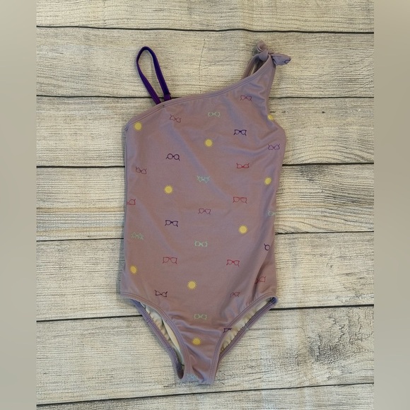 LANDS END girls One-Shoulder lilac Swimsuit with Bow Print/size 8S - Picture 1 of 6